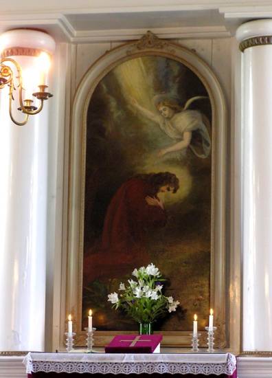Alttaritaulussa enkeli vahvistaa Jeesusta Getsemanessa